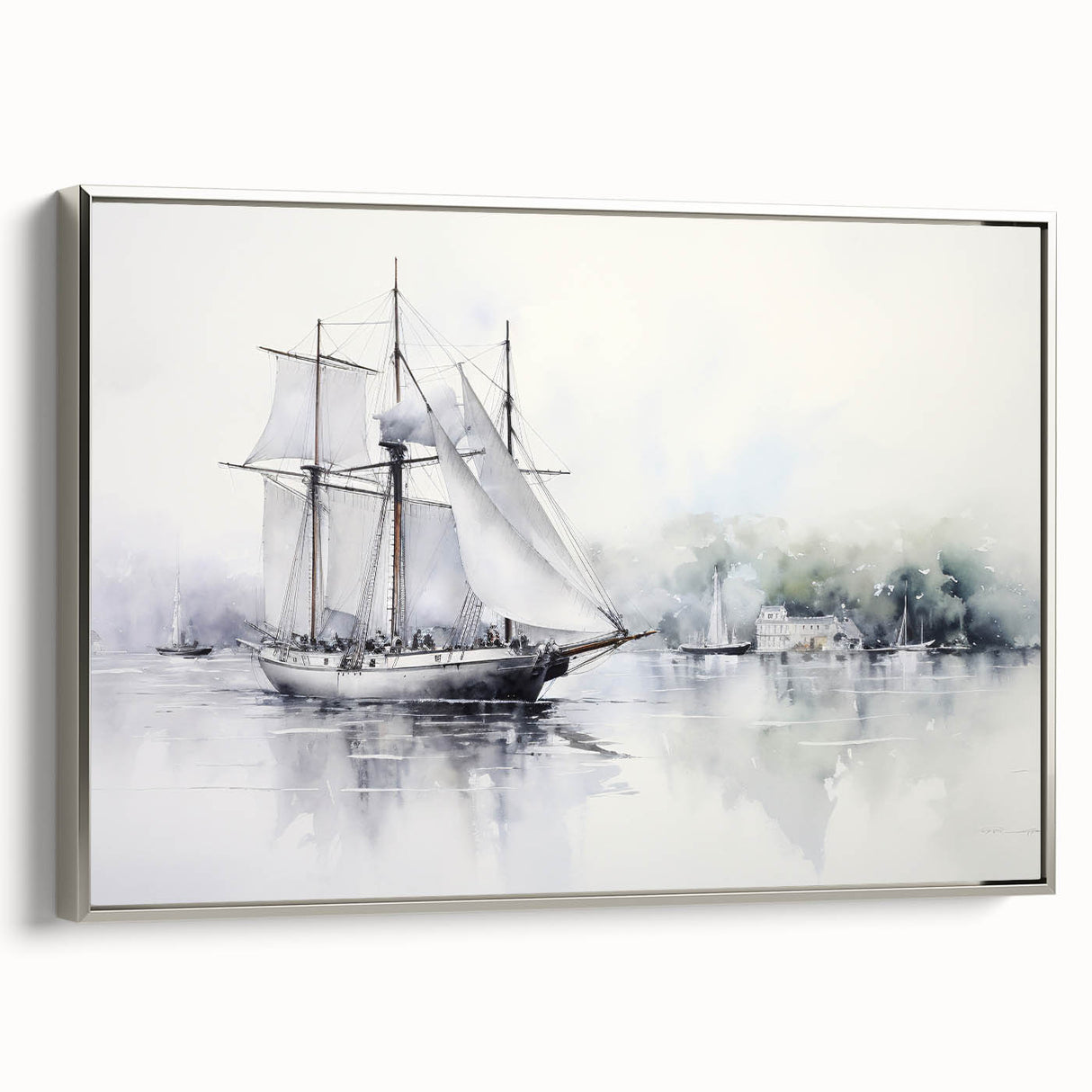 Vintage poster art of a colorful sailboat on a black background, framed canvas, ideal for living room decor.