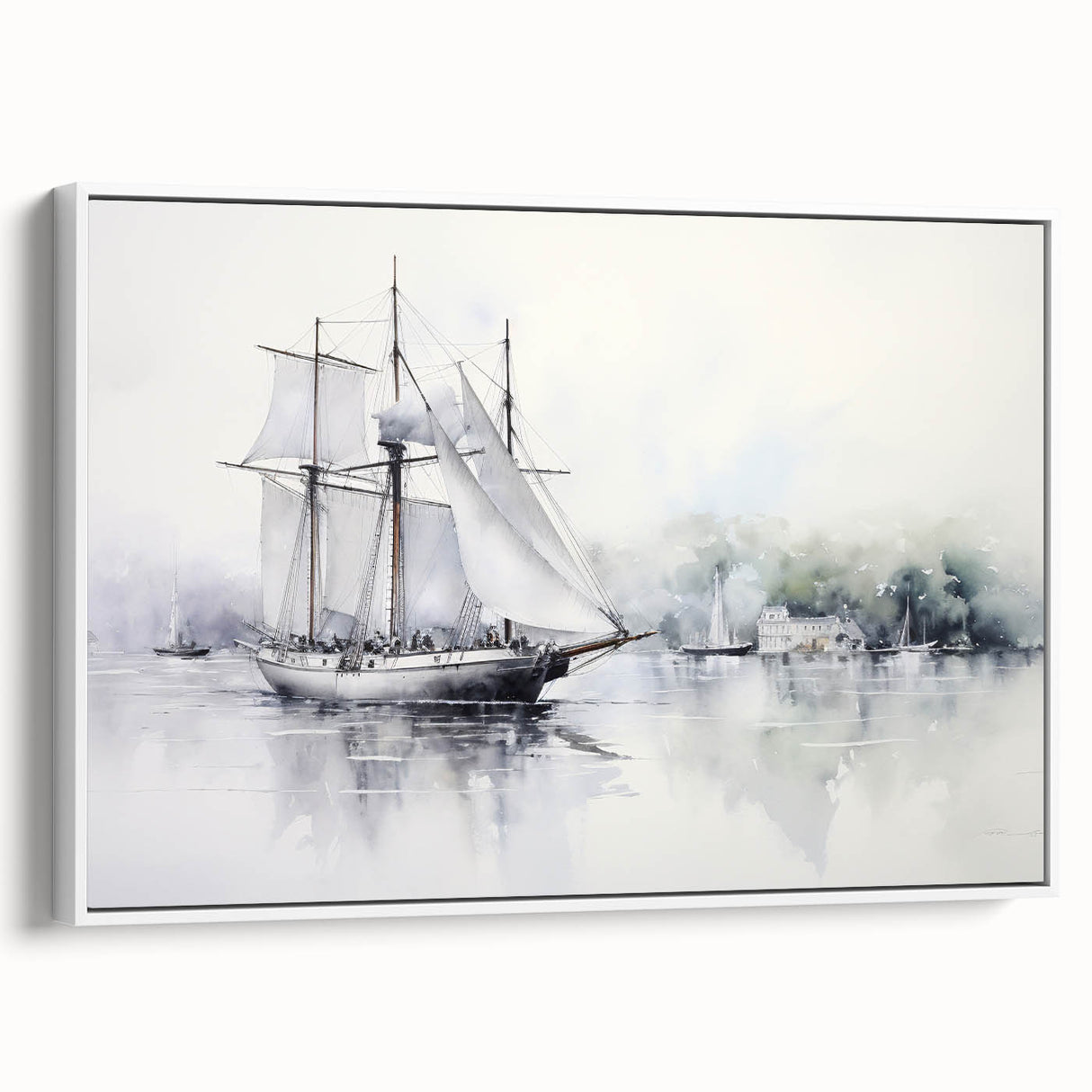 Framed canvas wall art featuring a vintage sailboat in a black and white landscape, ideal for bedroom decor.
