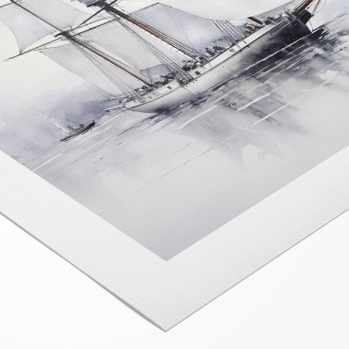 Art deco poster of a sailboat, using muted blue and white tones on rolled canvas, ideal for classy bathroom wall art.