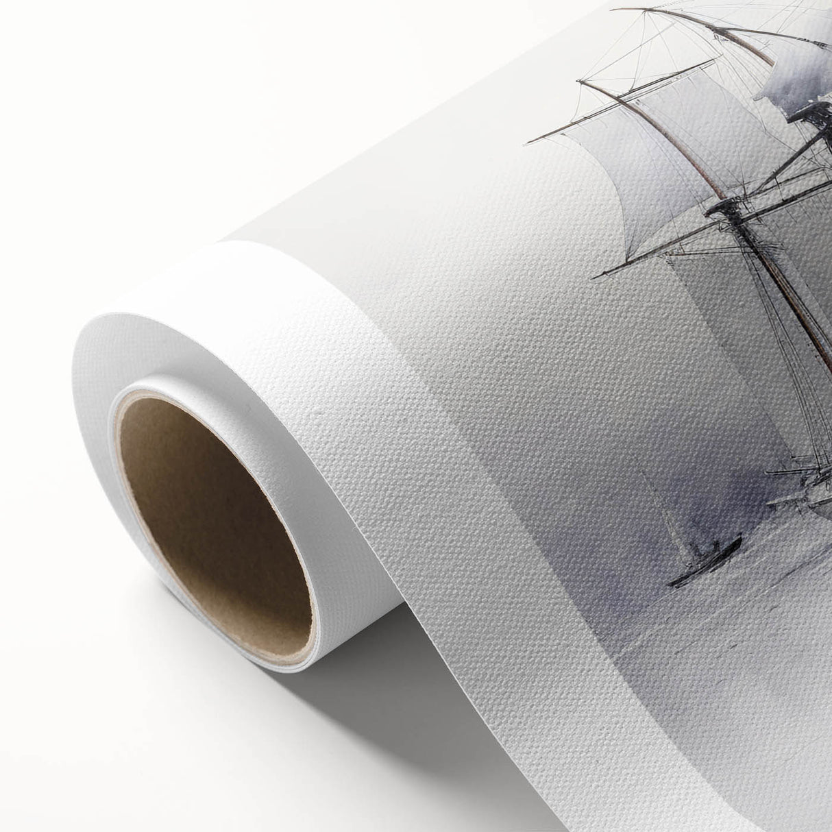 Art deco style sailboat poster in muted blue and cream tones on a rolled canvas, ideal for nursery wall art.