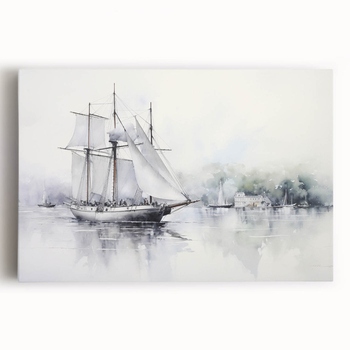Sailboat silhouette in black and white on large stretched canvas, ideal for kitchen wall art.