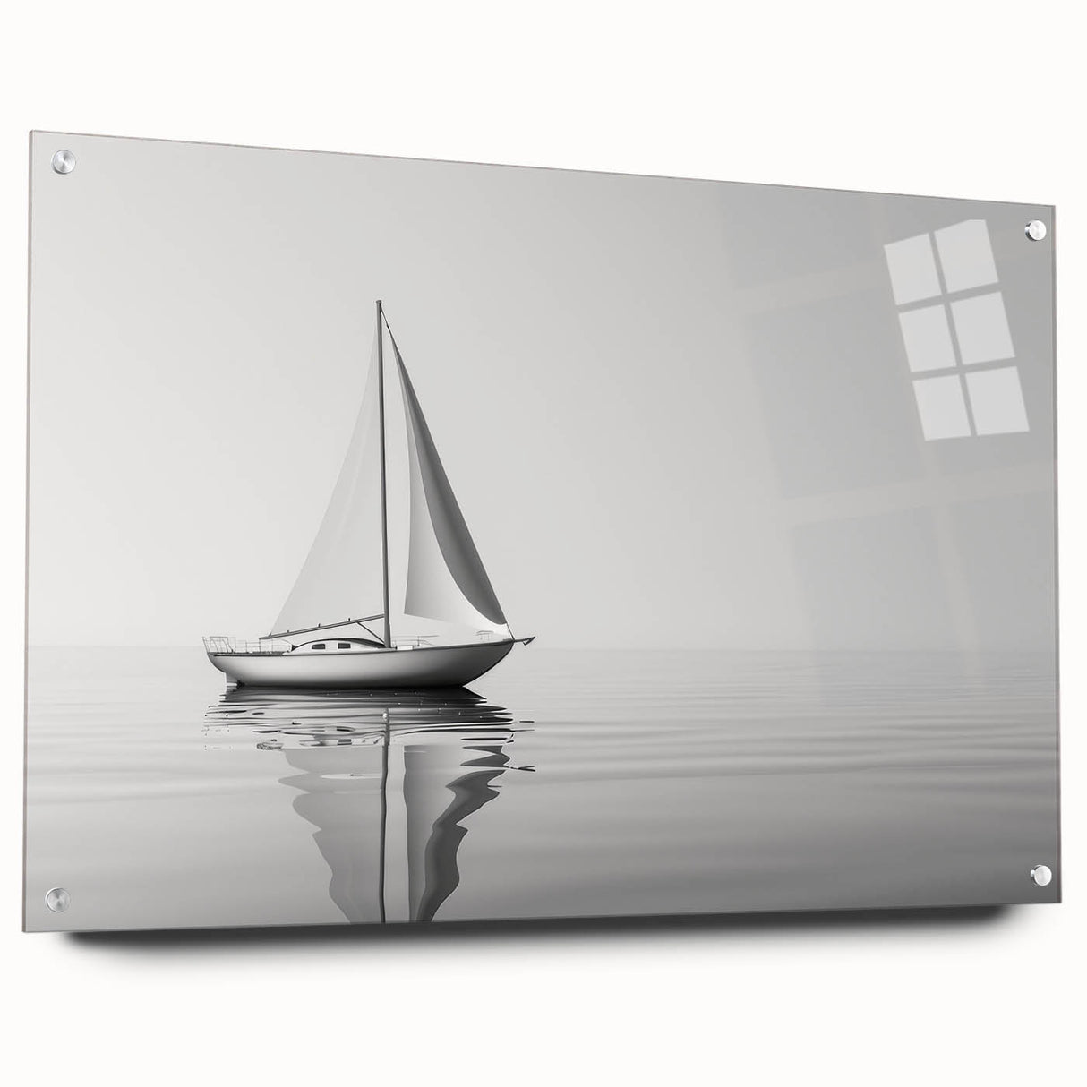Acrylic print of a side-view sailboat in muted blue and white tones, suitable for bedroom or dining room decor.