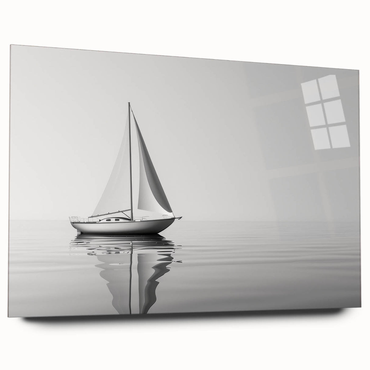 Side view of a large abstract sailboat print in muted blues and whites on acrylic glass.