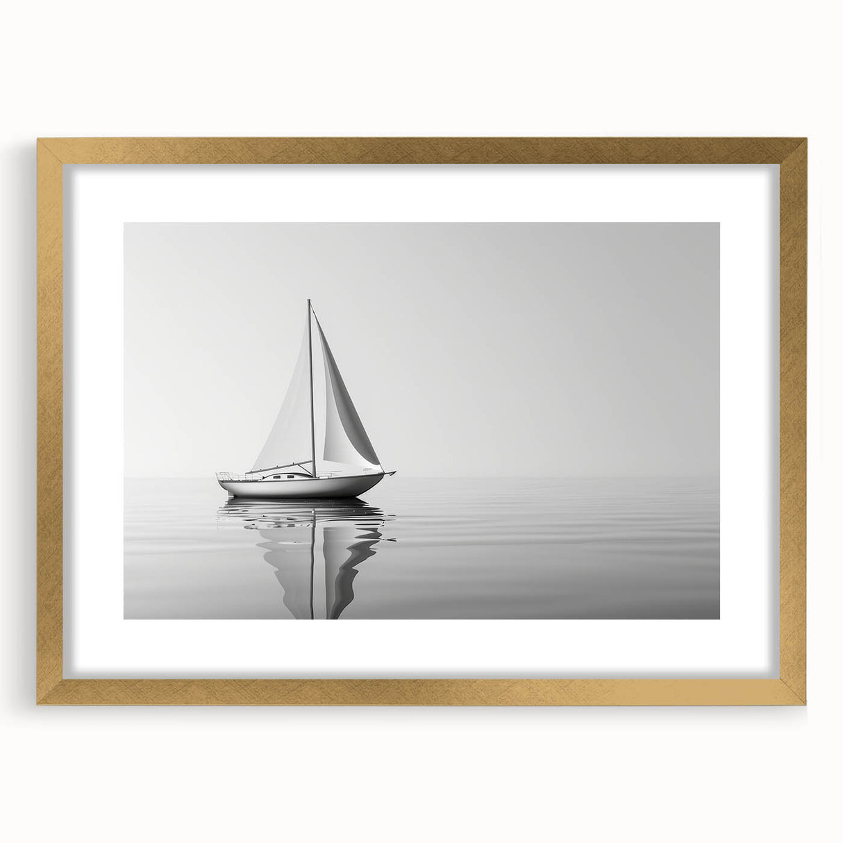 Abstract sailboat design in textured art style on gold-framed mat, featuring cool blue and white tones.