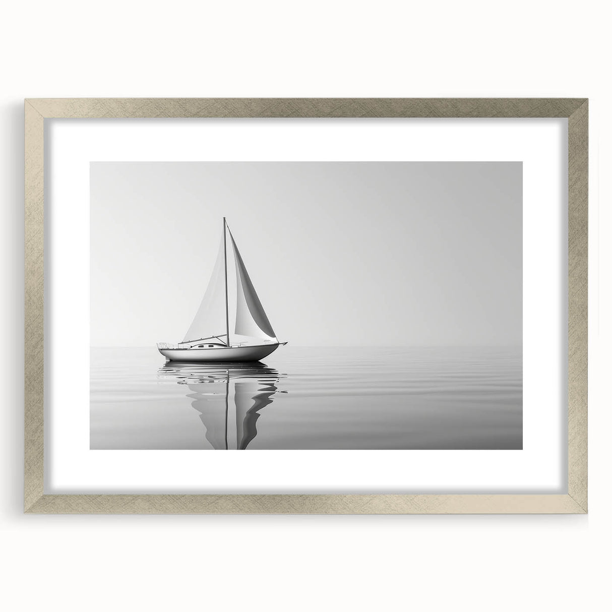 Abstract art print featuring a stylized sailboat, with silver frame and mat, in cool blue and white tones.