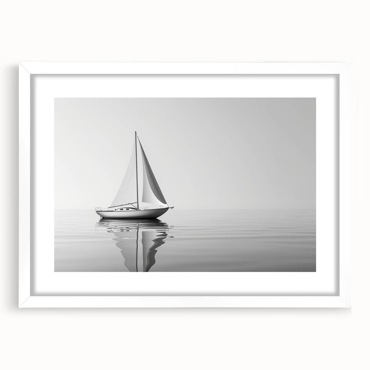 Extra large abstract art print of a sailboat with textured brush strokes in blue and white, framed with a white mat.