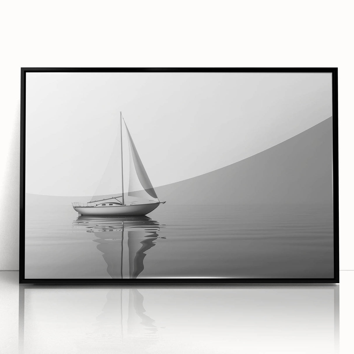 Large abstract wall art of a sailboat, in muted blue and white tones, framed in black acrylic.