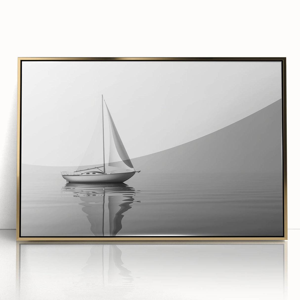 Mid-century modernist art of a sailboat, acrylic print in gold frame, ideal for nursery wall art.