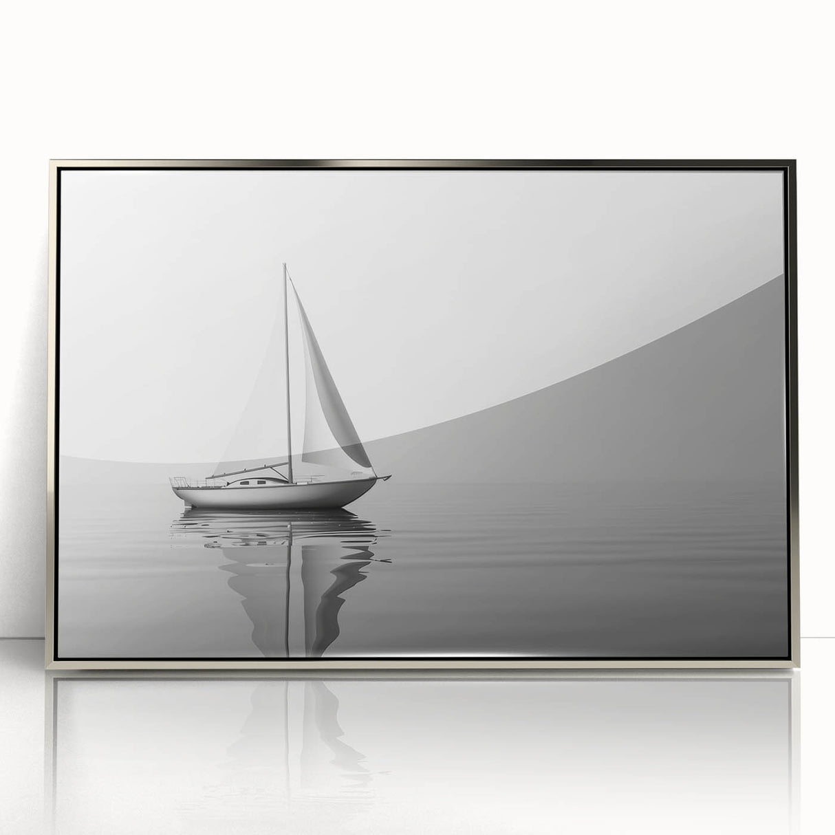 Framed acrylic print of a sailboat in silver, ideal for modern art wall decor or nursery.