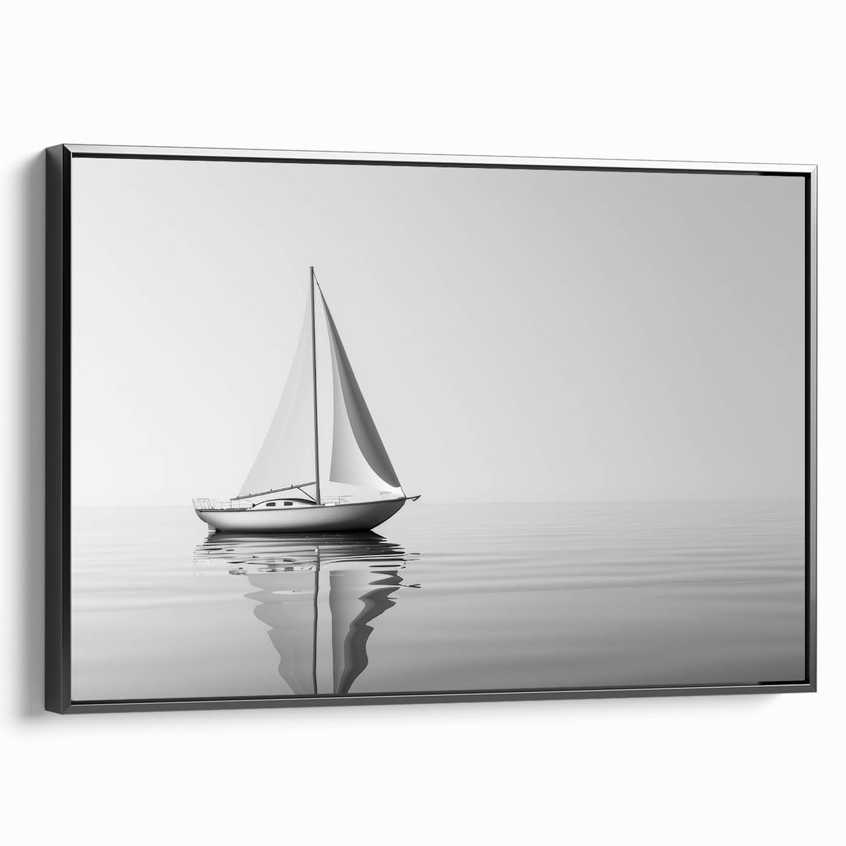 Black and white framed canvas of a vintage sailboat on calm waters, ideal for bedroom landscape art.