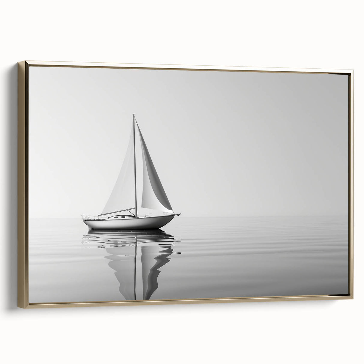 Landscape art painting of a sailboat on water, framed canvas with gold detailing, in muted blue and white tones.