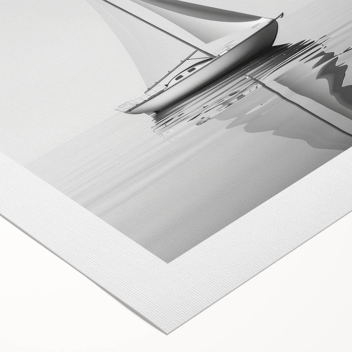 Art deco poster of a sailboat on a rolled canvas, featuring pastel blue and white tones, ideal for dining room wall art.