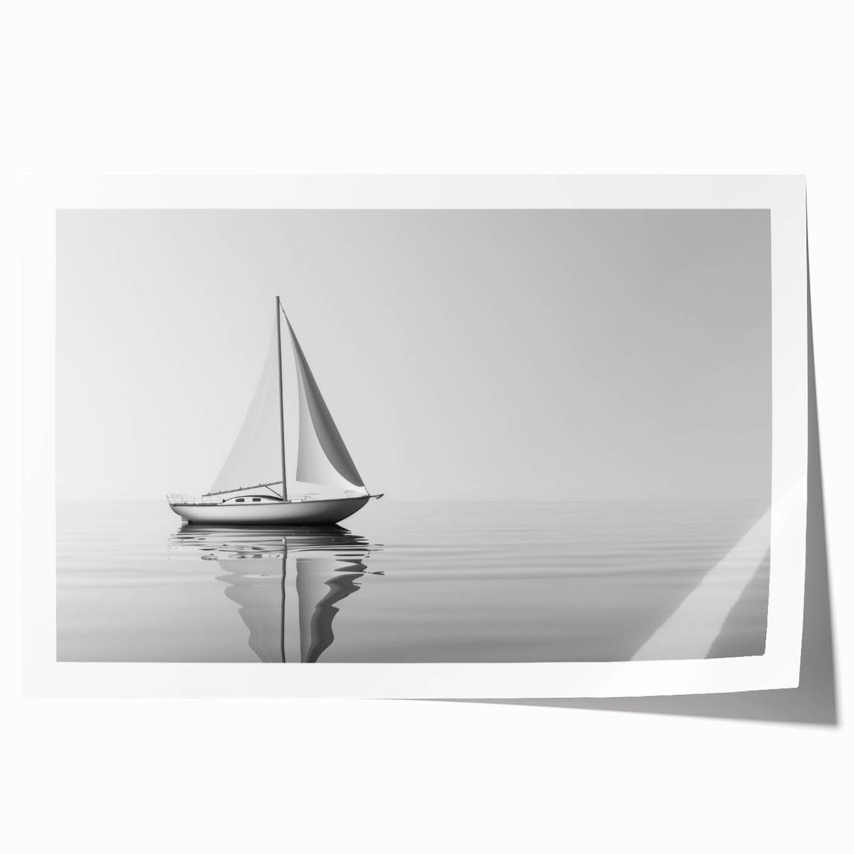 Art print of a sailboat on a serene lake, rendered in soft blue and white, on rolled canvas, suitable for dining room decor.