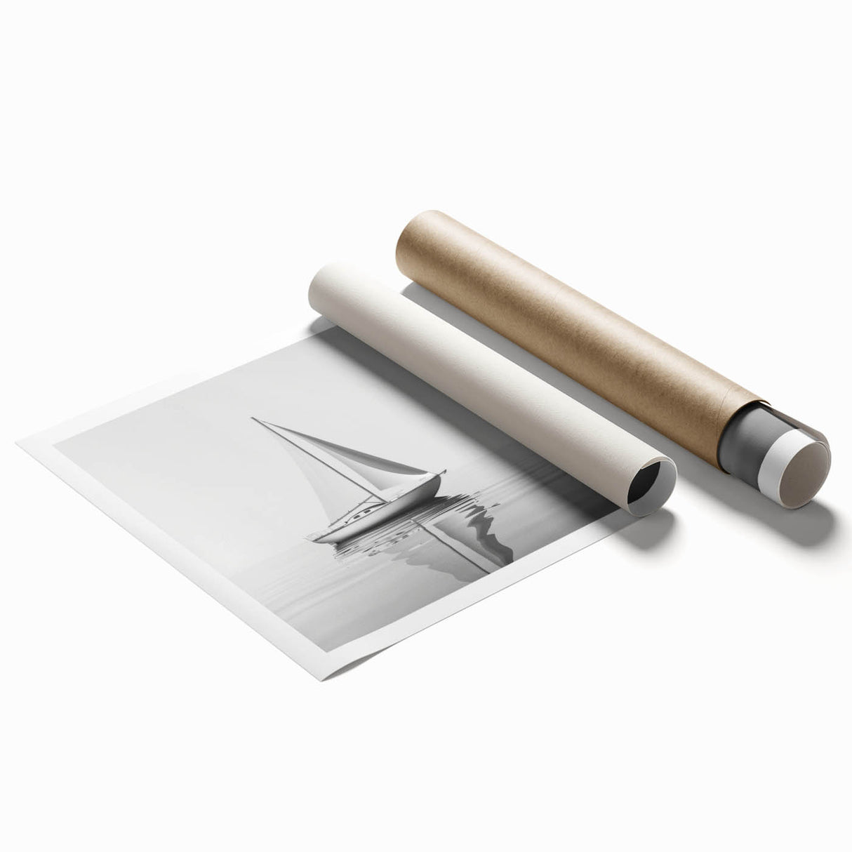 Extra large wall art featuring a sailboat on a muted blue ocean, printed on rolled canvas, suitable for bathroom decor.