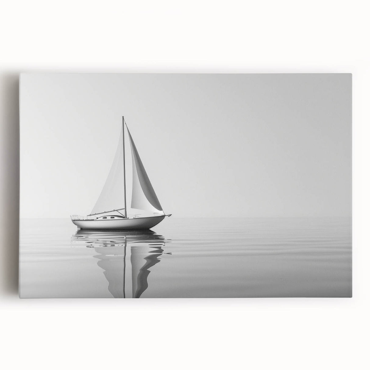 Black and white photo of a sailboat on a calm sea, printed on large stretched canvas, suitable for kitchen wall art.