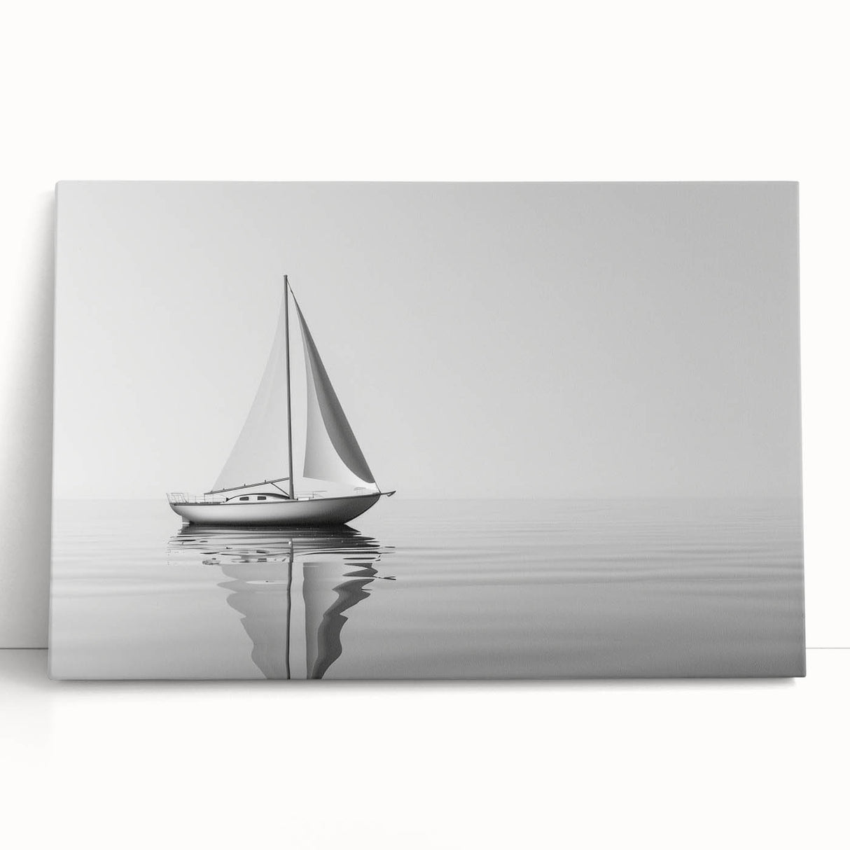 Black and white photo of a sailboat on stretched canvas, suitable as large kitchen wall art or for a bedroom.