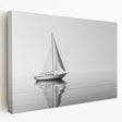 Sailboat on tranquil waters, muted blue and white tones on stretched canvas, suitable for kitchen wall art.