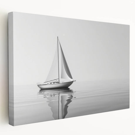 Sailboat on tranquil waters, muted blue and white tones on stretched canvas, suitable for kitchen wall art.