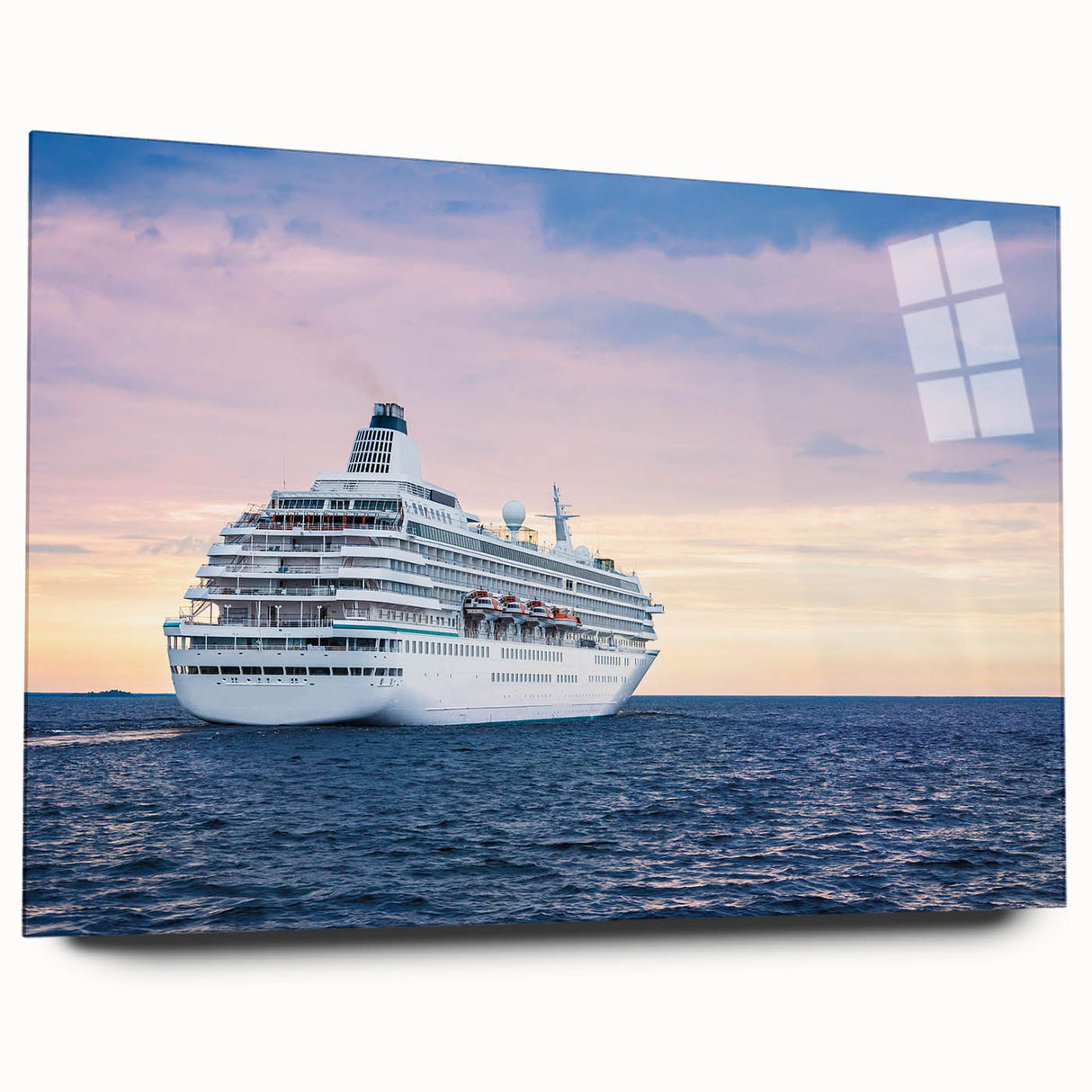 Large abstract wall art on acrylic glass depicting a stylized ship in navy and white hues.
