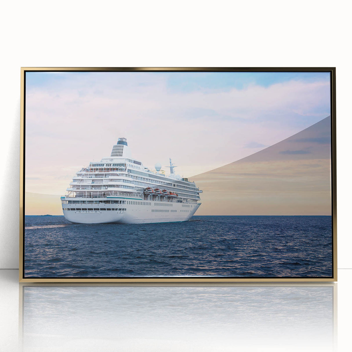 Mid-century modernist art of a boat in muted blue and gold tones on a framed acrylic, ideal for nursery wall art.