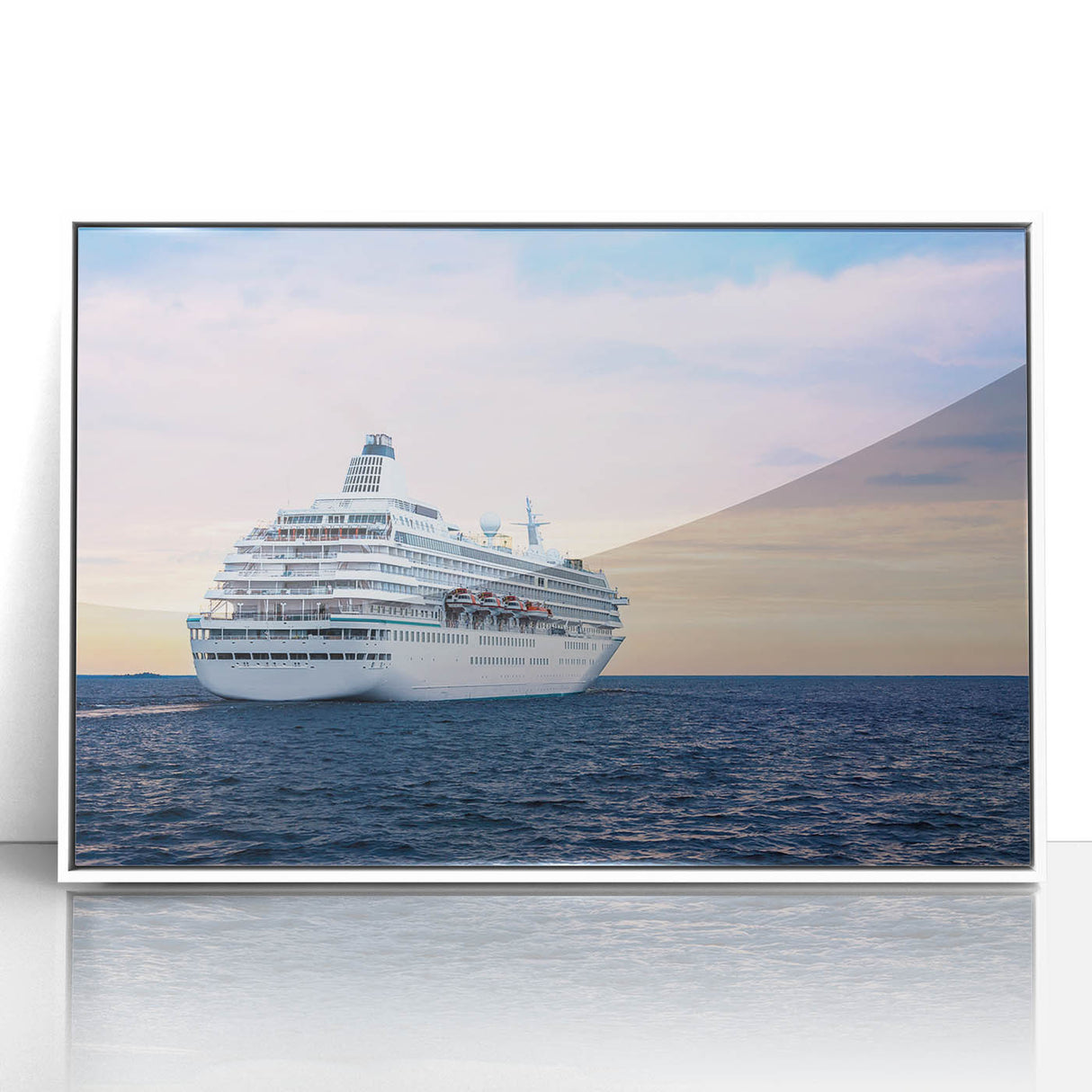 Framed acrylic print of a mid-century modernist ship in neutral and blue tones, suitable for modern art wall decor.