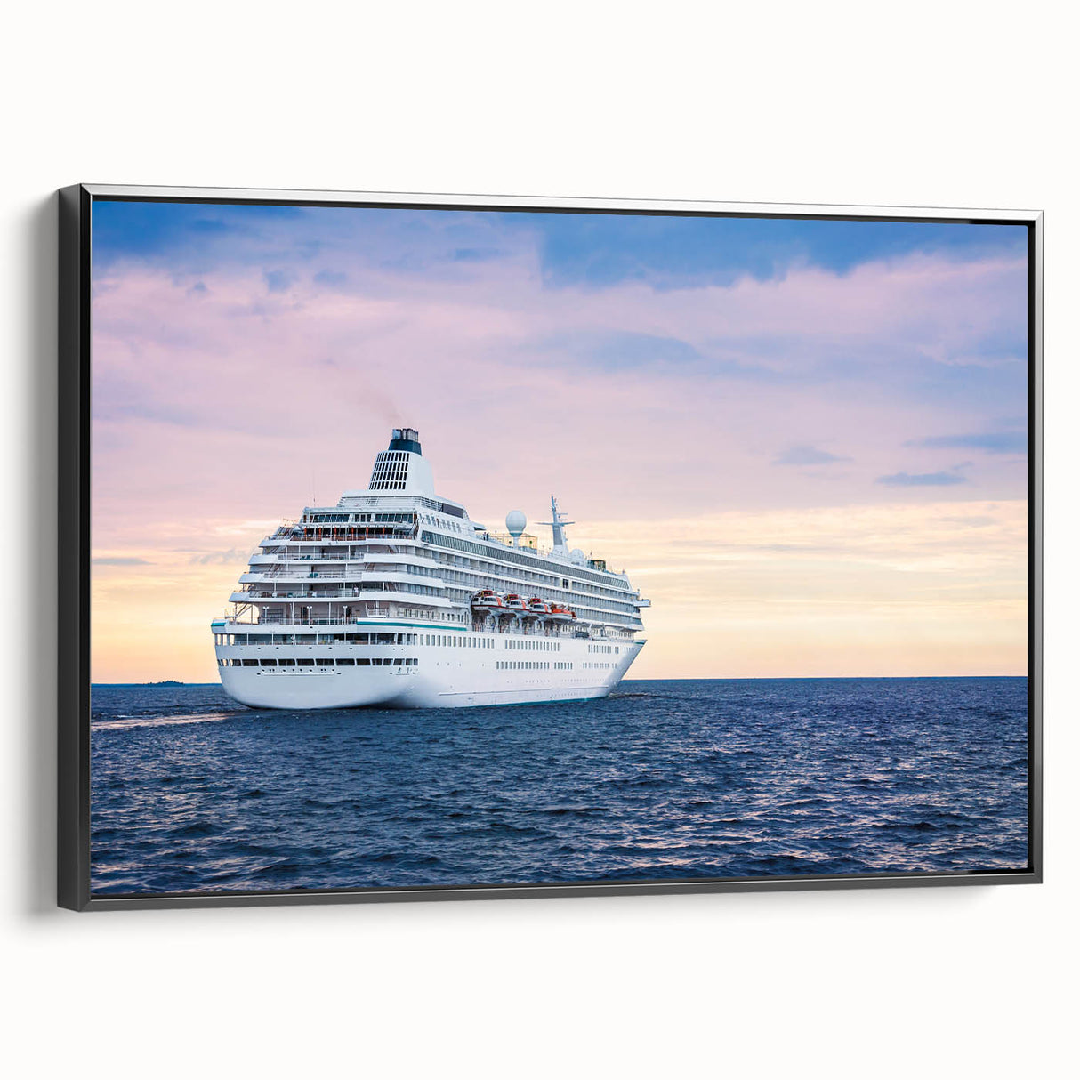 Black and white framed canvas featuring a vintage poster art style landscape of boats on water, ideal for bedroom wall decor.