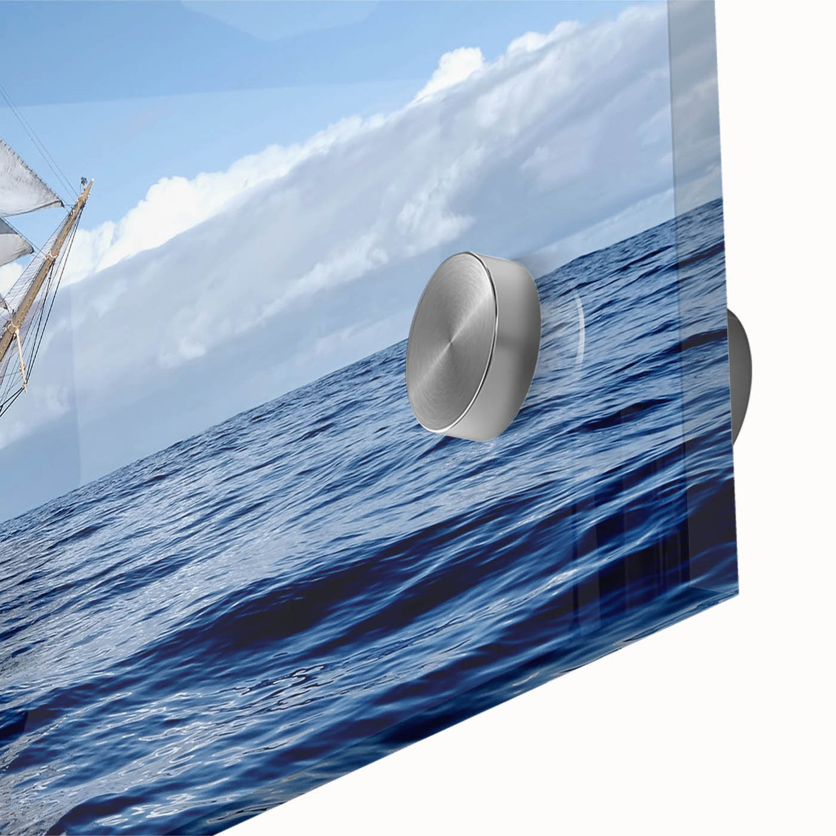 Large abstract wall art of a ship in muted blue and white tones on acrylic glass, suitable for bedroom or dining room decor.