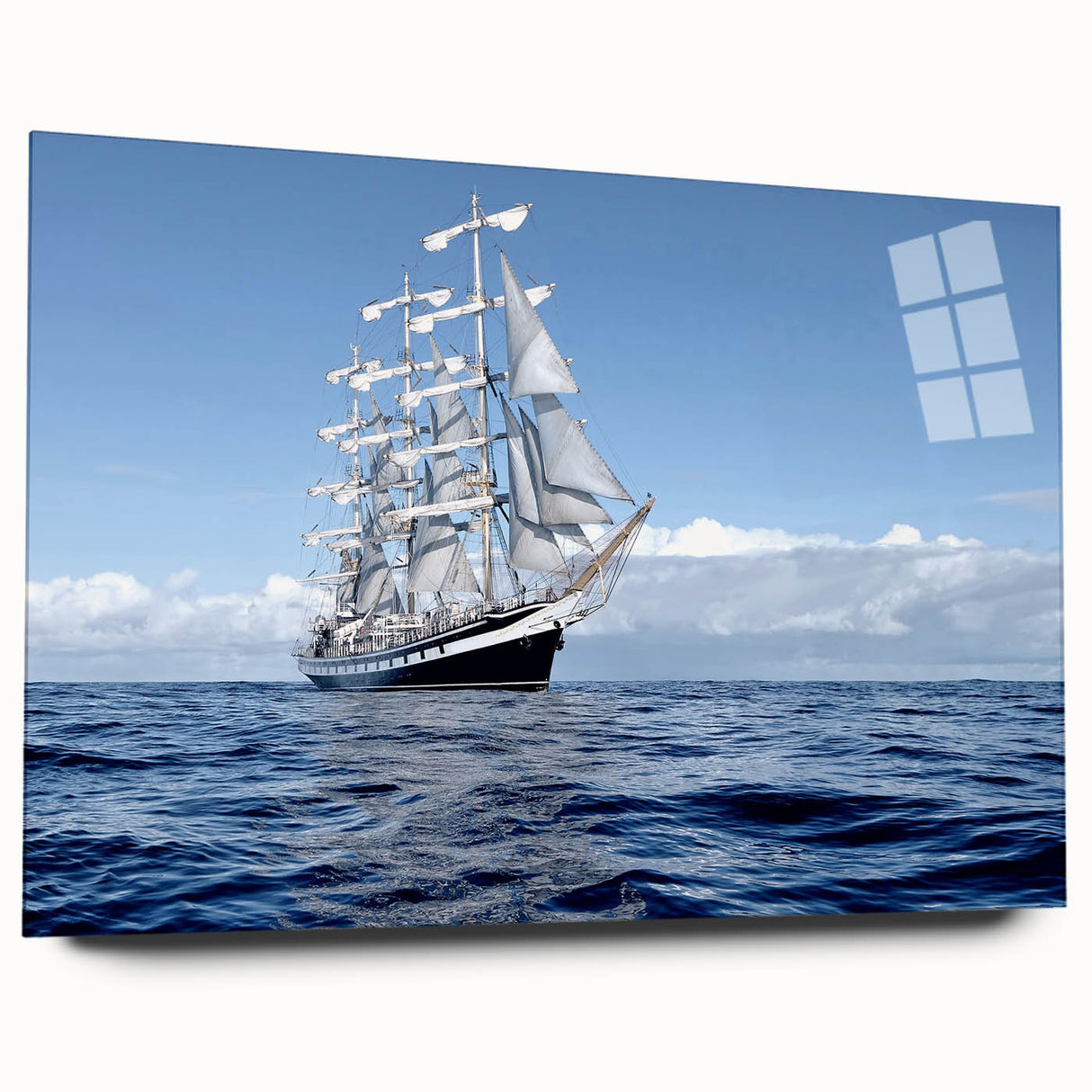 Large abstract wall art of a ship, in muted blue and gray tones on acrylic glass, ideal for dining room art.