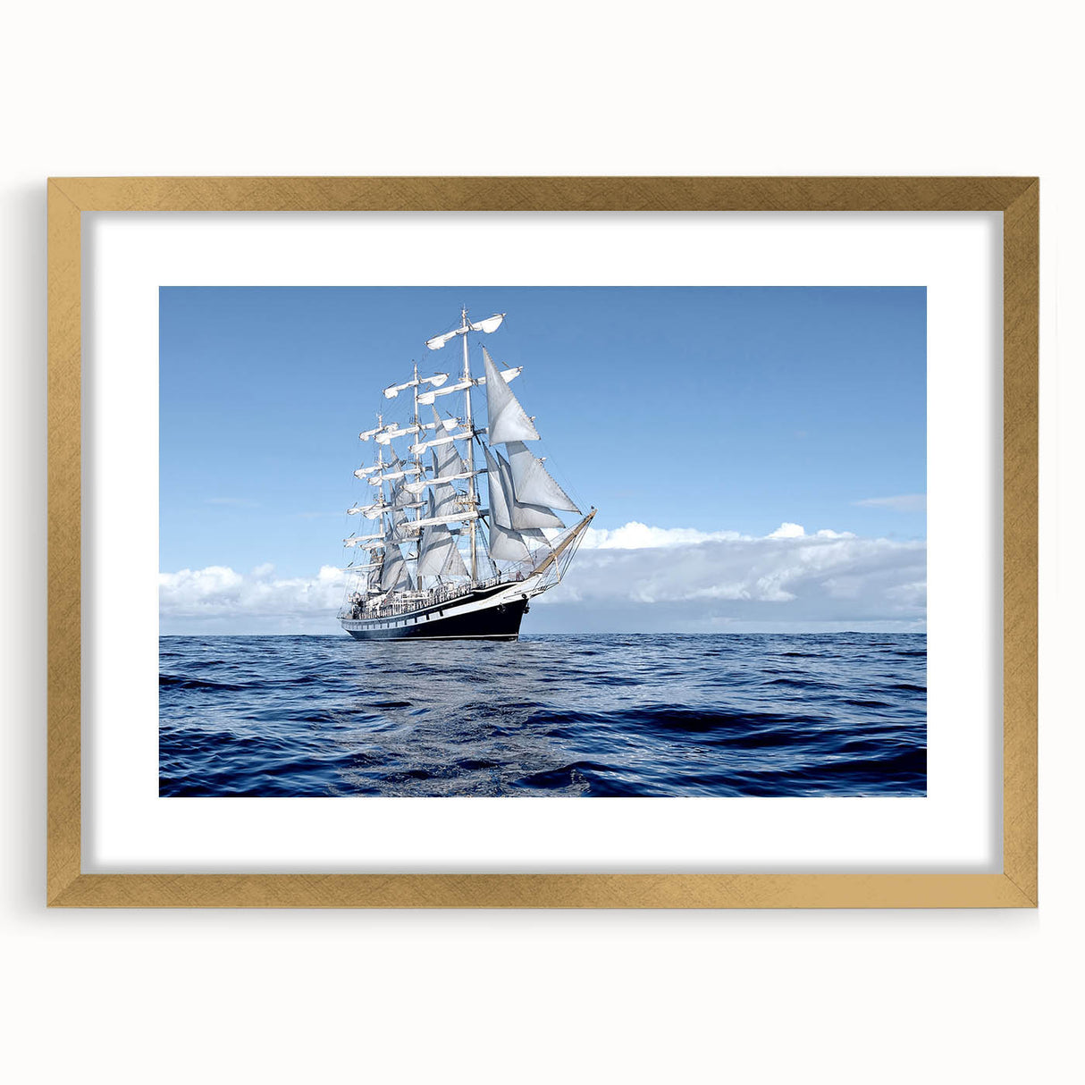 Abstract art print of a textured ship in gold and white tones on a framed canvas, suitable for bedroom wall decor.