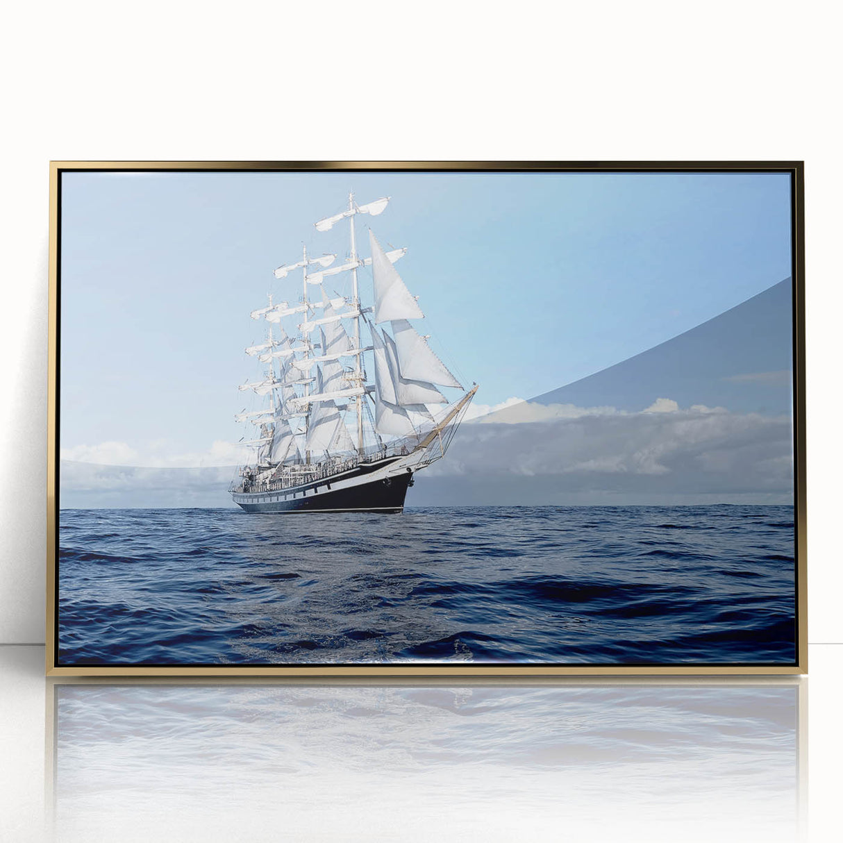 Mid-century modernist art depicting a ship, framed in gold acrylic, with muted blue and gray tones.