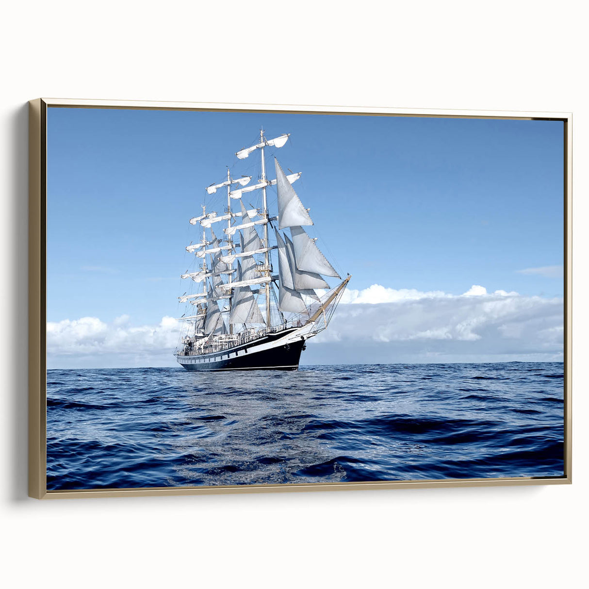Framed canvas featuring a vintage-style landscape art painting of a ship, with a black and colorful art palette.
