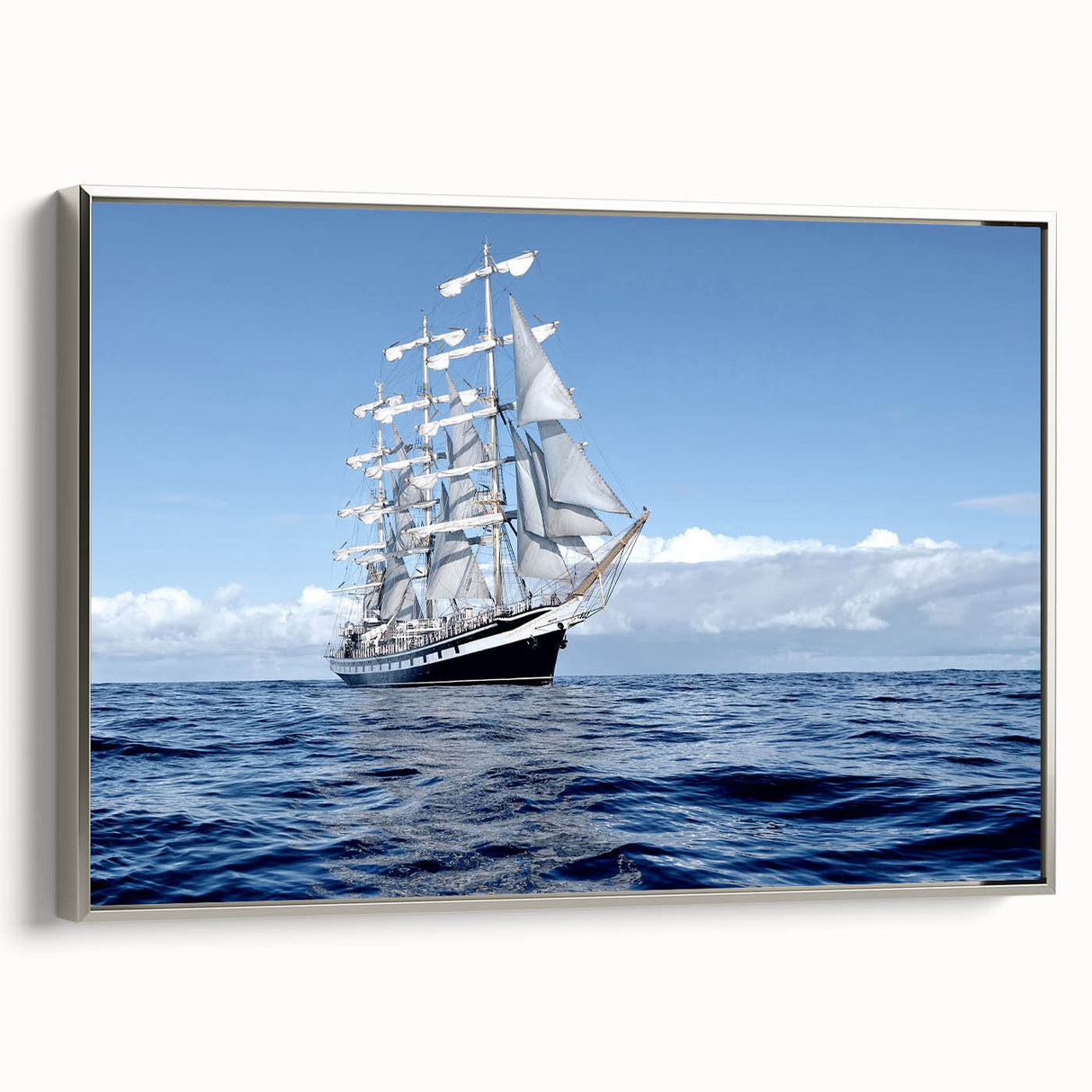 Vintage poster art of a large ship on black canvas, with colorful accents, in a silver frame, ideal for living room decor.