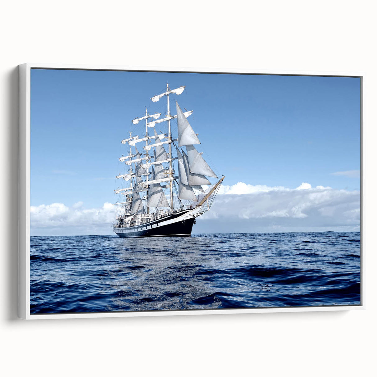Framed canvas featuring a vintage black and white ship landscape, ideal for bedroom wall art.