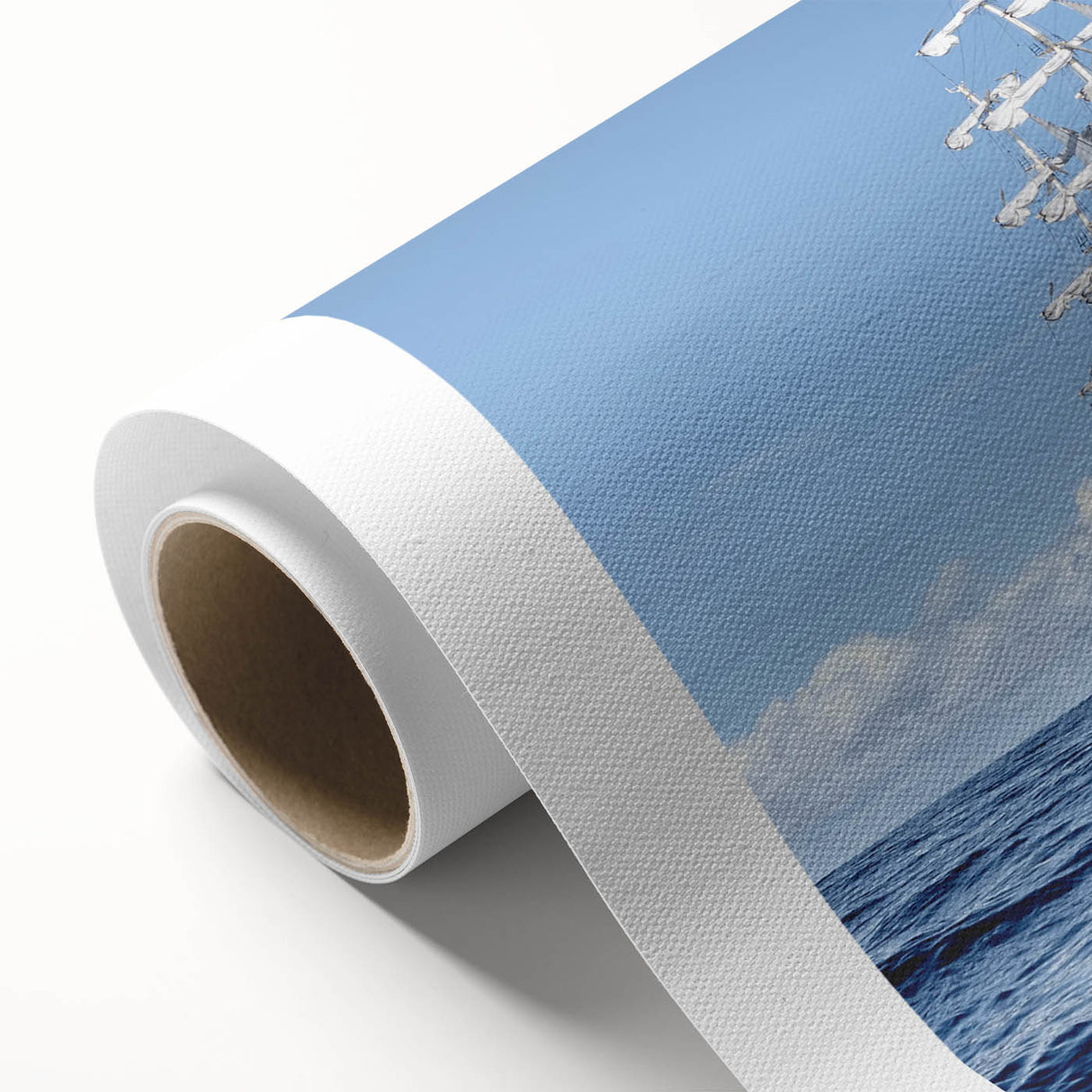 Art Deco style poster of a vintage ship in muted blue and white tones on rolled canvas, ideal for nursery wall art.