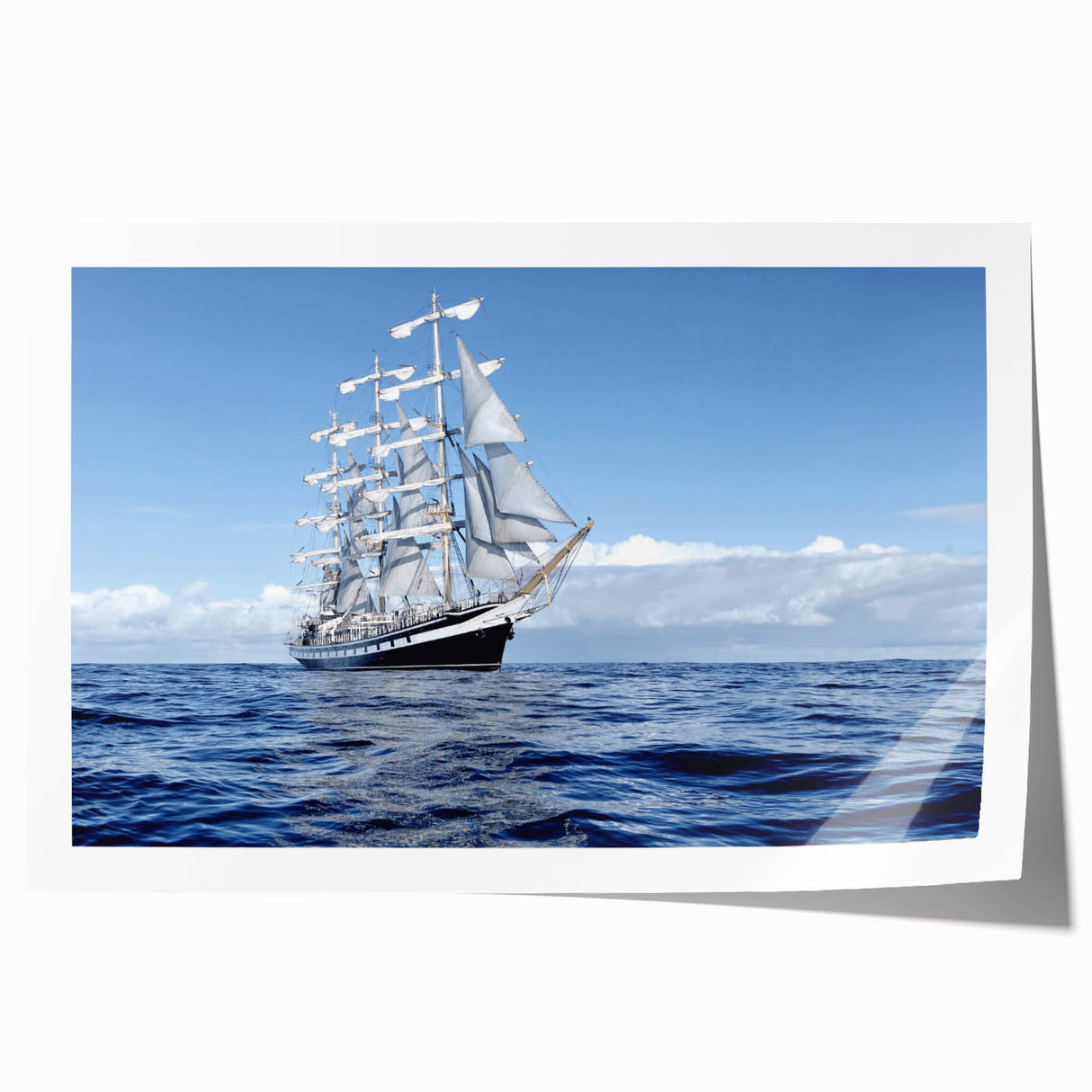 Extra large rolled print of a ship at sea, in muted blue and gray tones, suitable for dining room or bathroom wall art.