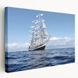 Large art of a vintage ship on stretched canvas, using muted blue and white tones, ideal for kitchen wall decor.