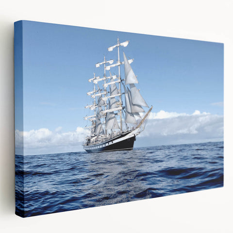 Large art of a vintage ship on stretched canvas, using muted blue and white tones, ideal for kitchen wall decor.