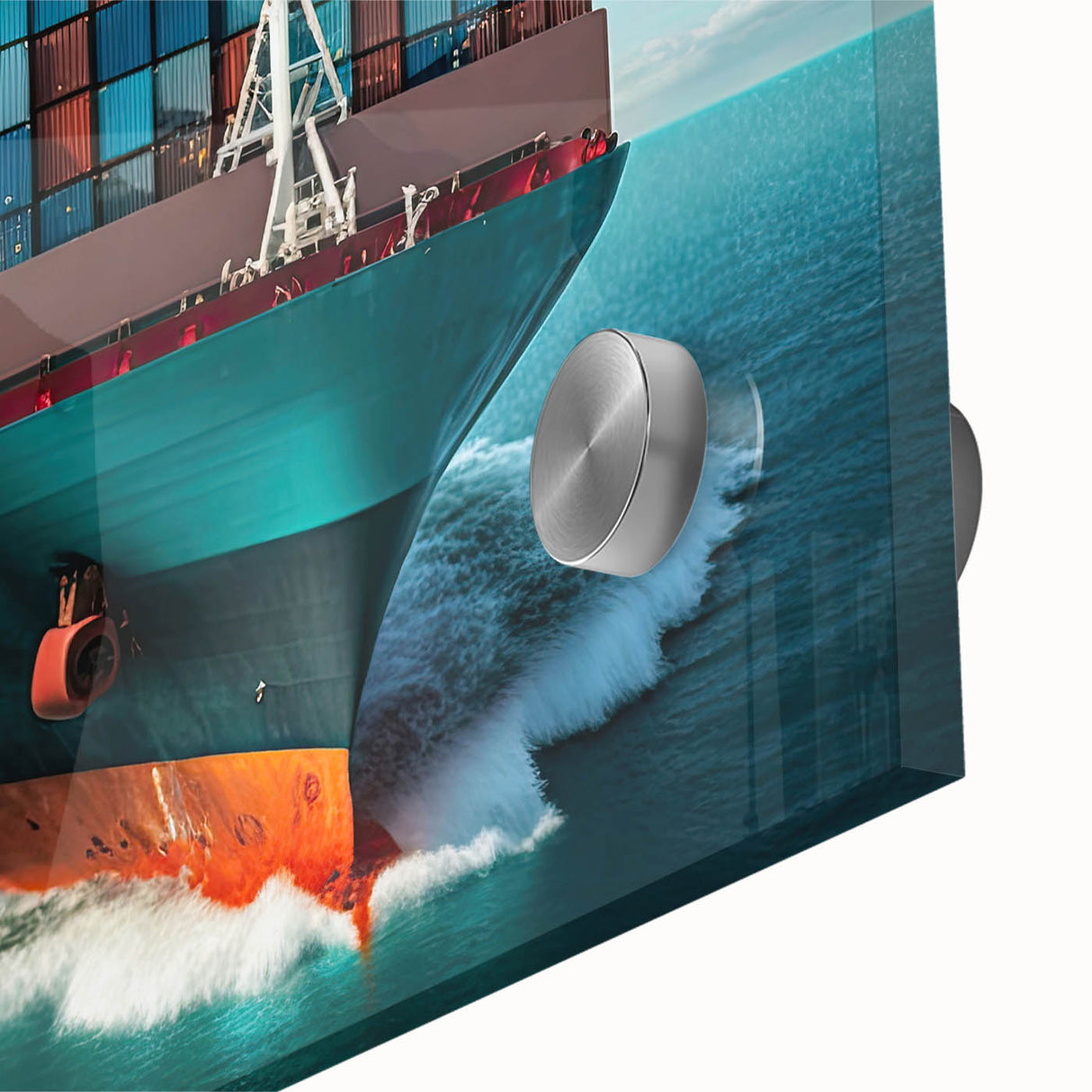 Large abstract wall art featuring a mid-century modernist ship design in muted blue and gray on acrylic glass.