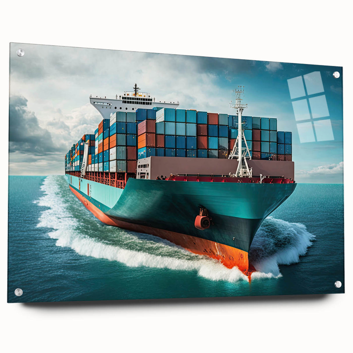 Acrylic print of a large abstract ship in cool blue and gray tones, suitable for bedroom or dining room decor.