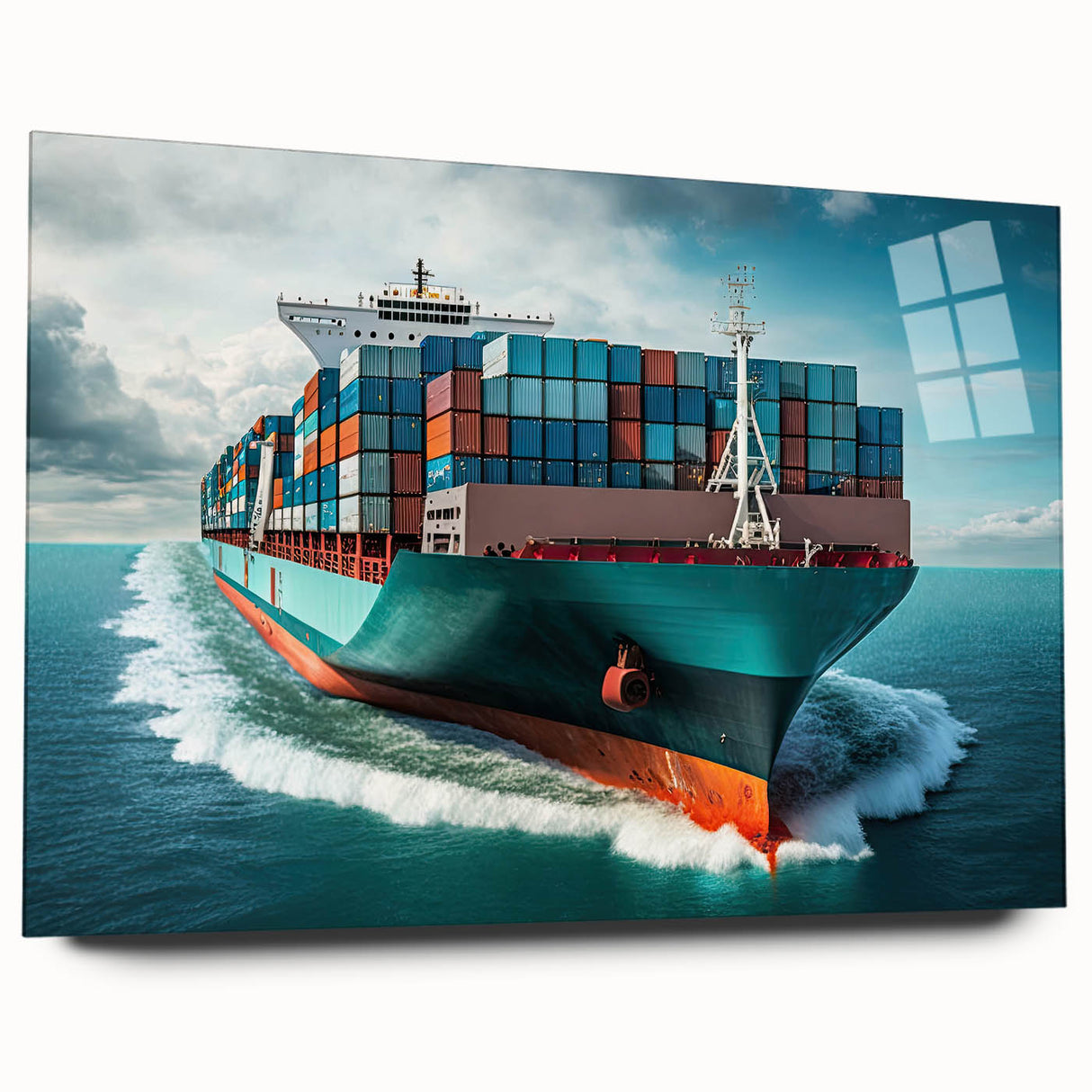 Side view of a large abstract boat and ship acrylic print in cool blue and gray tones, ideal for bedroom or dining room art.