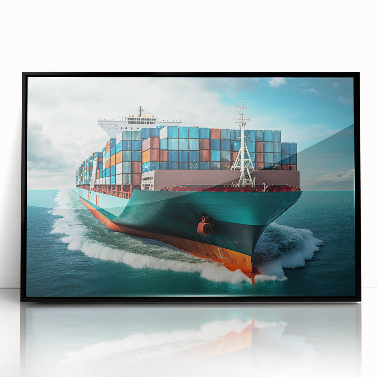 Large abstract wall art of a stylized ship in black and gray tones on a framed acrylic, ideal for modern office decor.