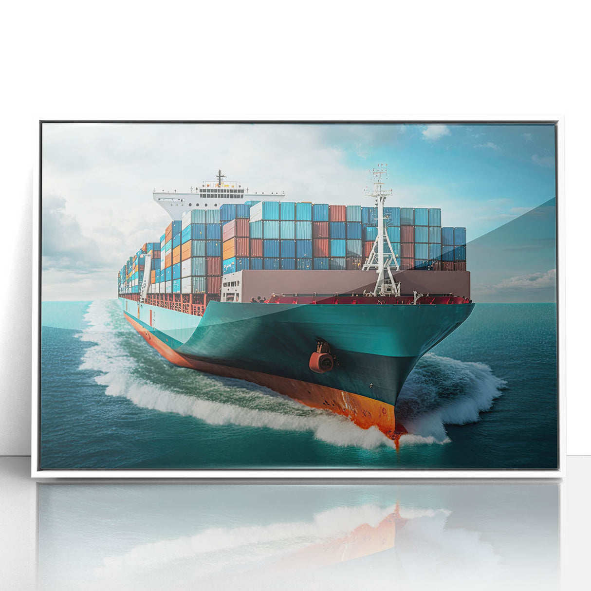 Art deco poster of a vintage ship, rendered in muted blue and white tones, framed acrylic, ideal for nursery wall art.