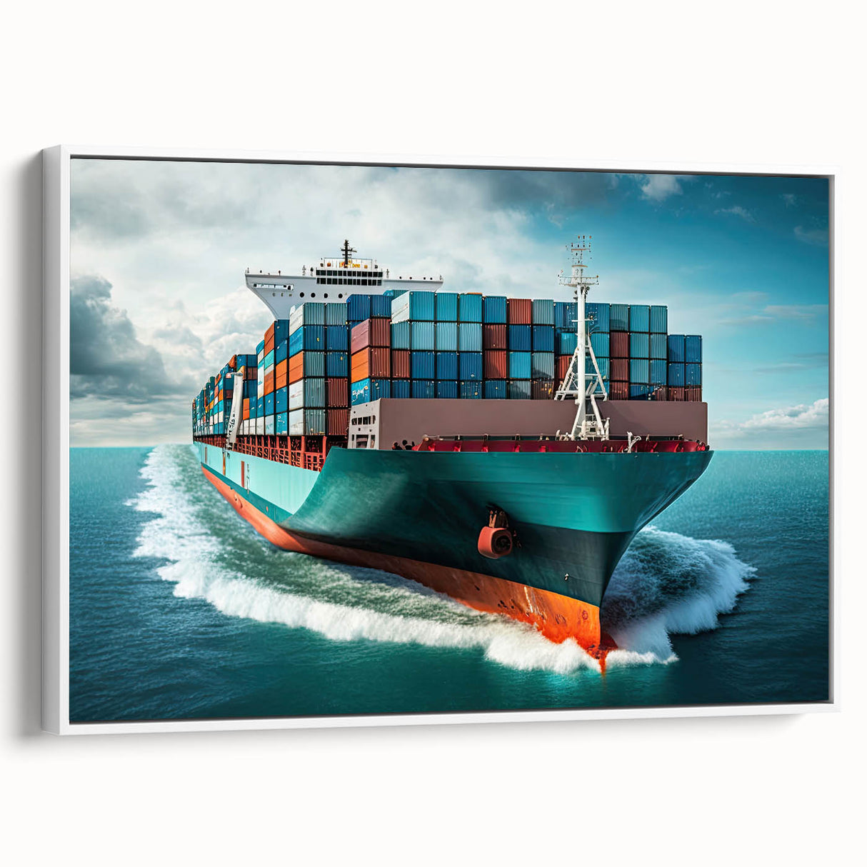 Vintage poster art of a ship on a framed canvas, featuring a black background with colorful accents.