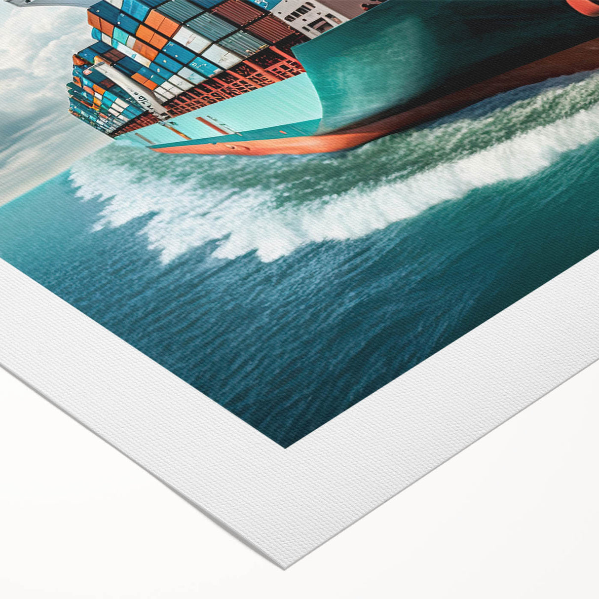 Art deco poster of a vintage ship, rendered in bold black and white, on rolled canvas.