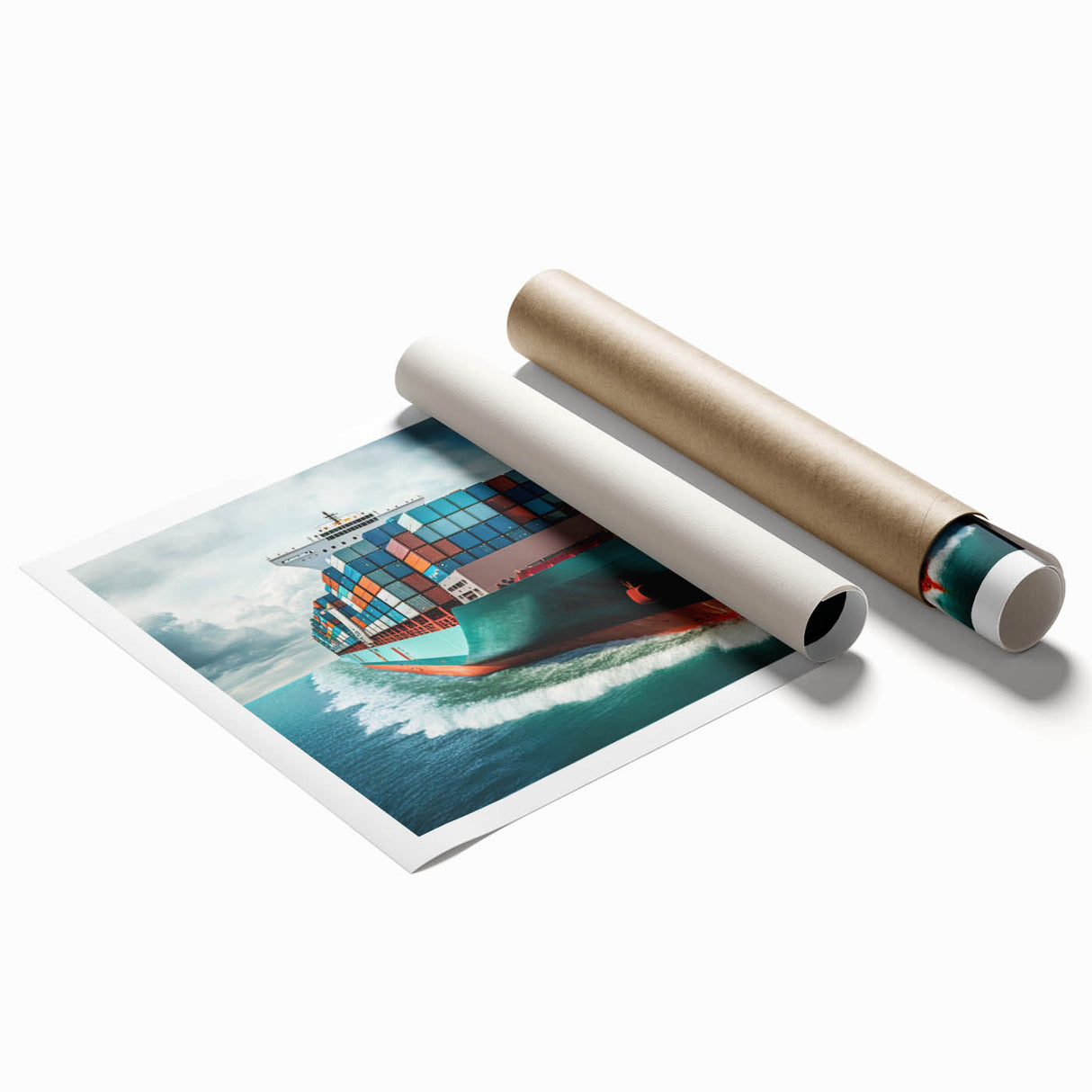 Extra large wall art featuring a detailed illustration of a ship on rolled print, set in muted oceanic tones.