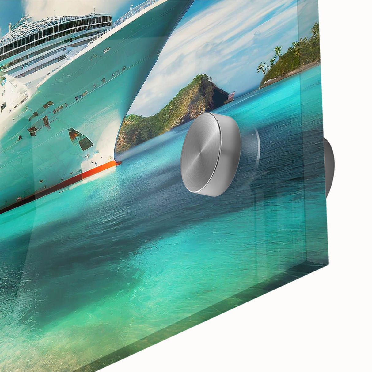 Large abstract wall art featuring a mid-century modernist ship in muted blue tones on acrylic glass.