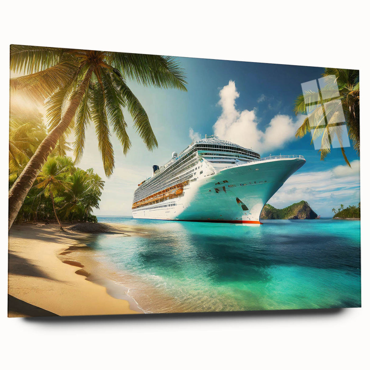 Side view of a large abstract ship depicted in muted blue and gray tones on acrylic glass.