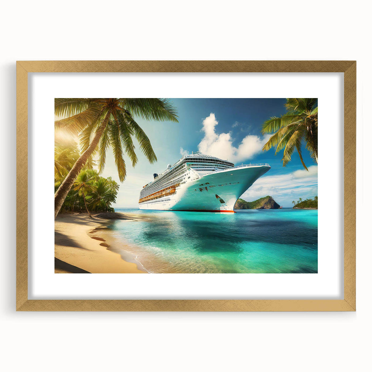 Abstract art print of a stylized ship in gold and navy tones on a framed canvas, suitable for dining room decor.