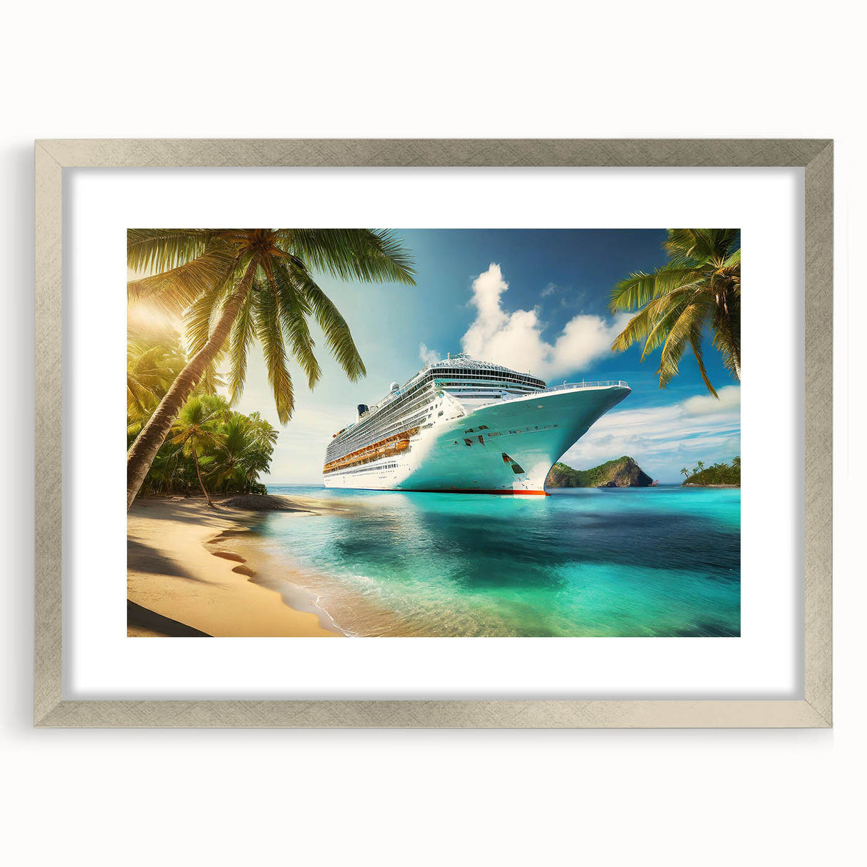 Textured abstract art print of a stylized ship in silver frame, using cool gray and blue tones, ideal for bedroom art.