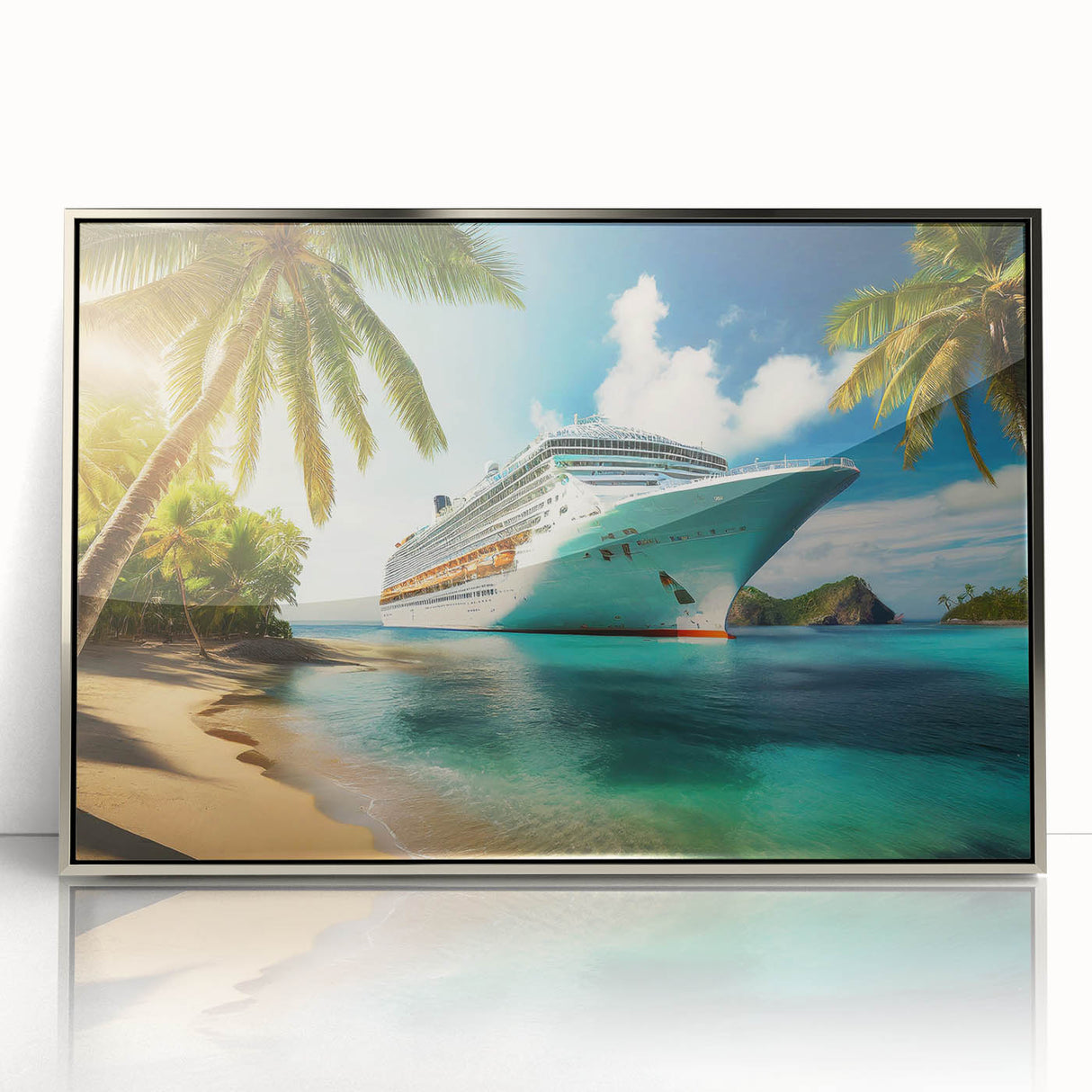 Mid-century modernist art of a ship in neutral gray tones, acrylic print in silver frame, suitable for modern art wall decor.